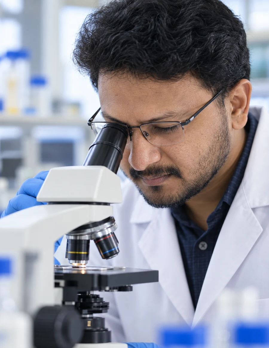 Public health researcher using a microscope